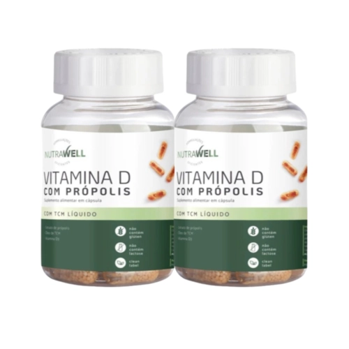 Kit 2x Vitamina D Nutrawell, D3 2000ui Própolis Verde, 30 Capsulas