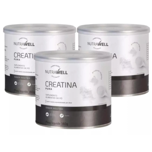 Kit 3x Creatina Monohidratada 100% Pura Nutrawell 180g Sabor Sem Sabor