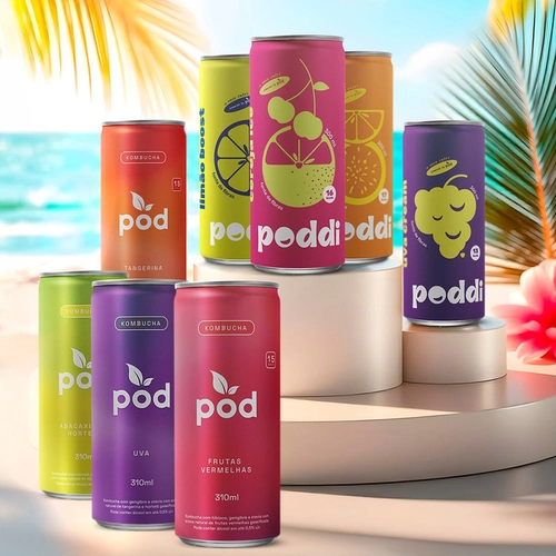 Kit 12 Latas Kombucha + 12 Refris Poddi  - MIsto: Frutas Vermelhas + Abacaxi com Hortelã + Tangerina + Uva - Laranja Cit