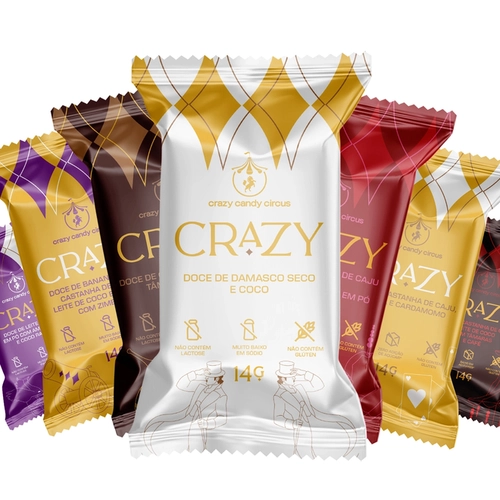 Kit Doces Crazy Sem Uvas Passas 7 un. 14g (Café, Cumaru, Cardamomo c/ Tamara, Ameixa & Coco, Banana,Cacau, Damasco).